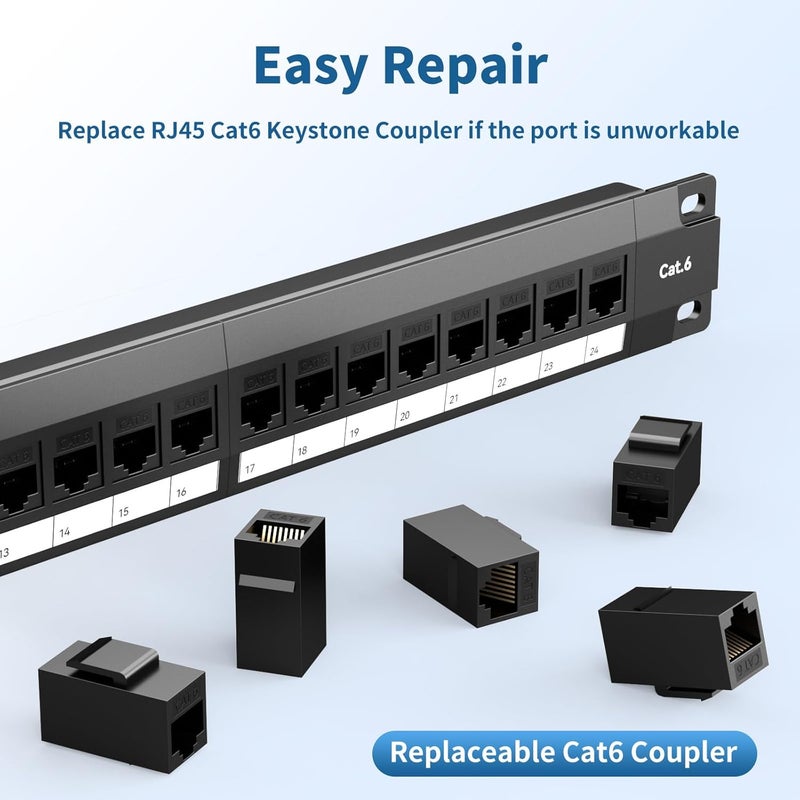 LinkNexa 24 Port Patch Panel, Keystone Patch Panel 24 Port Loaded with RJ45 Couplers Plus 2 Spare, 10G Pass-Through, UTP 19-Inch 1U Ethernet Panel with Removable Back Bar for Cat5, Cat5e, Cat6 Cabling - Image 5